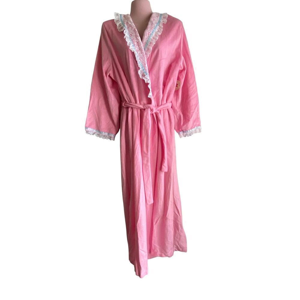 Vintage JJM New York Robe Womens Size 40 Pink Lace Trim Maxi Belted Made USA 70s